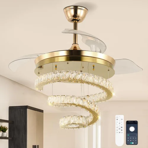 Vista 9 de FRIXCHUR 42" Ventiladores de techo de cristal con candelabro regulable LED, lámpara de araña retráctil en forma de luna con luces y control remoto