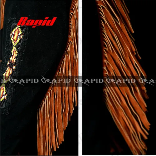 Vista 4 de Chaqueta de piel vaquera occidental para hombre, con flecos, ante de hueso, abrigo de cuero nativo americano, color negro