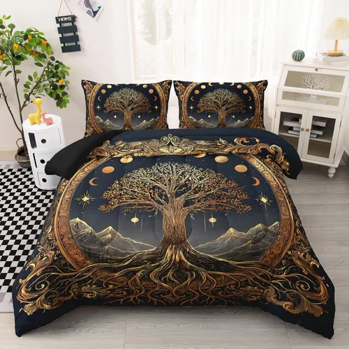 Vista 9 de AILONEN Juego de ropa de cama de 3 piezas, 1 edredón + 2 fundas de almohada, diseño floral adornado y medallones tonales para dormitorio gótico