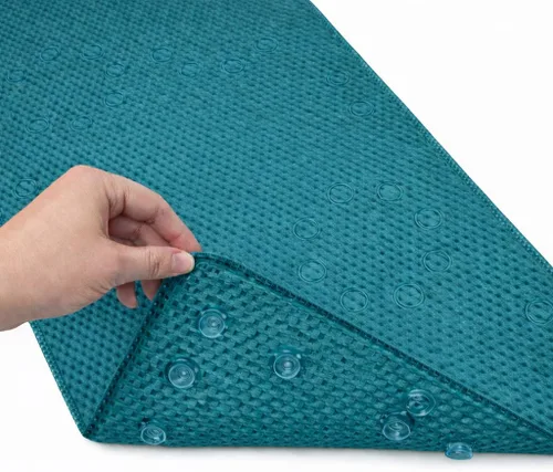 Vista 14 de Alfombra antideslizante para bañera, extragrande, de 36 x 17 pulgadas, con ventosas y orificios de drenaje, espuma suave, lavable a máquina