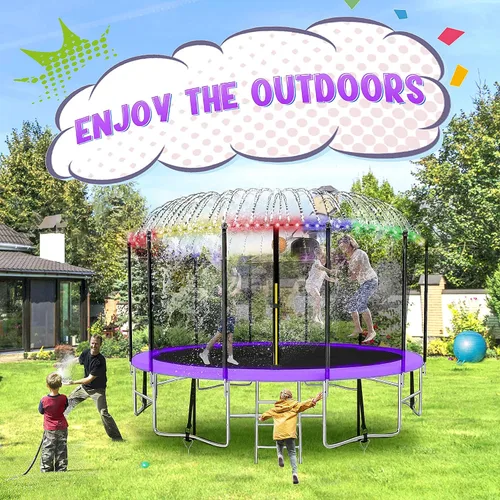 Vista 8 de Tranpolina de 12 pies, 14 pies y 16 pies, para adultos y niños, tranpolina al aire libre de 1500 libras con luz, rociador, calcetines, tranpolina