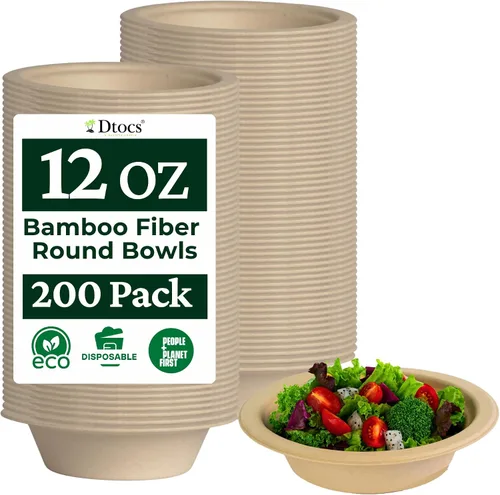 Vista 8 de Dtocs Cuencos desechables de fibra de bambú – 12 onzas, paquete de 200 Cuenco pequeño biodegradable ecológico Cuenco de bagazo apto