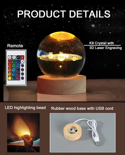 Vista 3 de Zabalar Luz nocturna de bola de cristal 3D con base de luz LED colorida, regalo del día de San Valentín, luces LED, lámpara de mesa que cambia