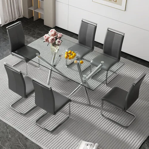 Vista 31 de Juego de 6 mesas de comedor de cristal, moderno juego de mesa de comedor de vidrio templado rectangular transparente de 71 pulgadas y 6 sillas