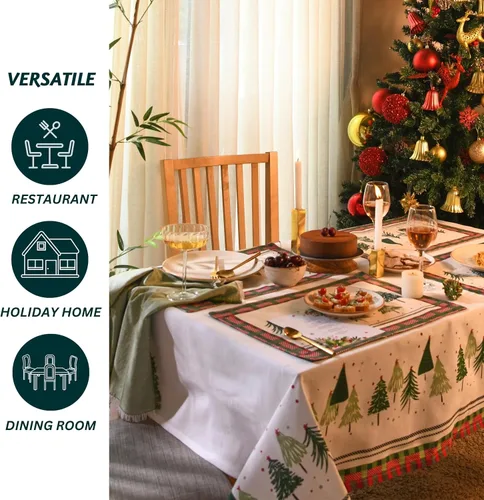 Vista 4 de Folkulture Mantel de Navidad rectangular de 60 x 72 pulgadas para decoración navideña del hogar, tela de algodón estilo granja, mantel rectangular