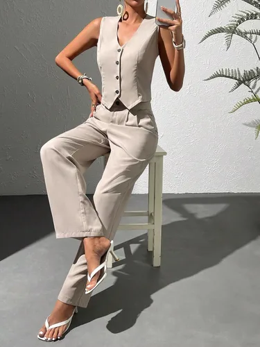 Vista 5 de WDIRARA Conjunto de 2 piezas para mujer, chaleco con botones frontales, sin mangas, cuello en V, chaqueta y pantalones
