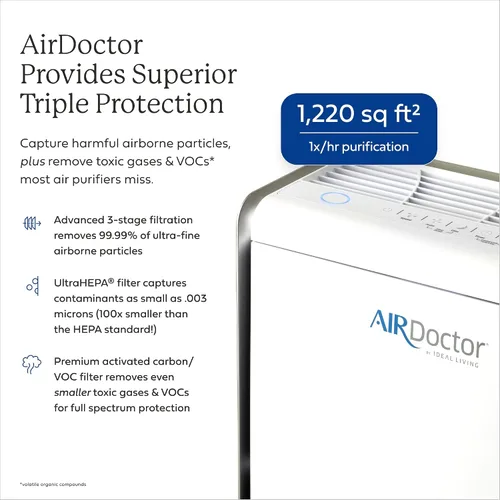 Vista 2 de AIRDOCTOR Purificador de aire AD2000 para habitaciones pequeñas y medianas y dormitorios pequeños. Filtración de 3 etapas con prefiltro, UltraHEPA