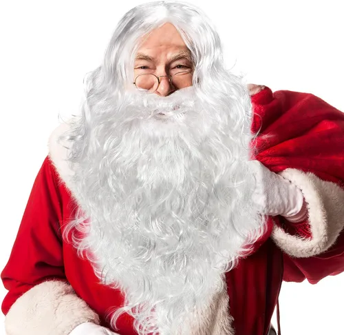 Vista 4 de WINOMO Conjunto de peluca y barba de Papá Noel, peluca de Navidad, disfraz blanco