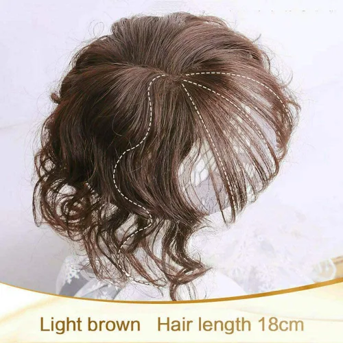 Vista 2 de Toppers de cabello humano corto de 8 pulgadas con flequillo, 2.76 x 3.93 pulgadas, base mono atada a mano para mujer, color marrón claro, piezas