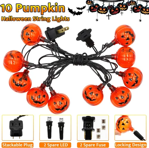 Vista 3 de Couah Guirnalda de luces LED de calabaza de Halloween, luces de linterna Jack O de 8.5 pies con 10 calabazas enchufables, impermeables