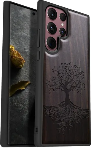 Vista 14 de Carveit Funda de madera para Galaxy S22 [madera real dura y TPU suave] a prueba de golpes, funda protectora híbrida única y elegante, diseño