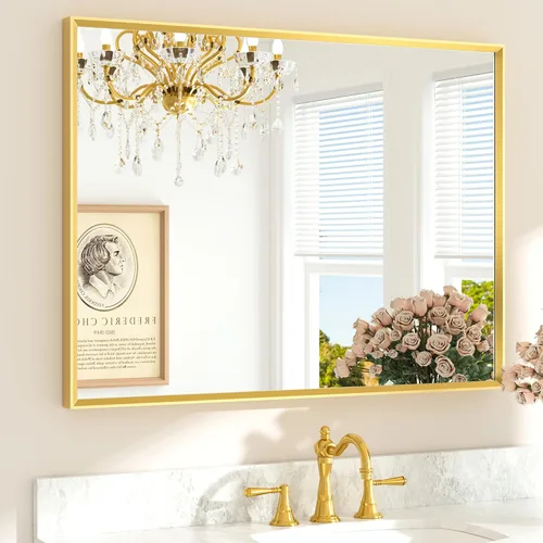 Vista 25 de TETOTE Espejo de baño dorado cepillado de 20" x 30", espejo de tocador de baño rectangular de latón dorado cepillado con marco biselado para sobre