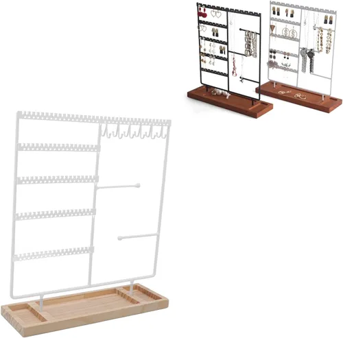 Vista 2 de Percha de aretes, soporte de aretes de hierro con base de madera para exhibición de aretes y pulseras