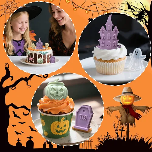 Vista 6 de Moldes de silicona para Halloween, 2 moldes de silicona para chocolate, molde 3D de caramelo de chocolate de Halloween, castillo, luna, bruja
