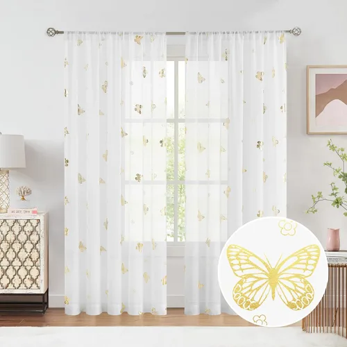 Vista 28 de Jubilantex Paneles de cortinas transparentes de mariposas negras y doradas de 52 pulgadas de ancho para dormitorio de niñas, elegantes cortinas