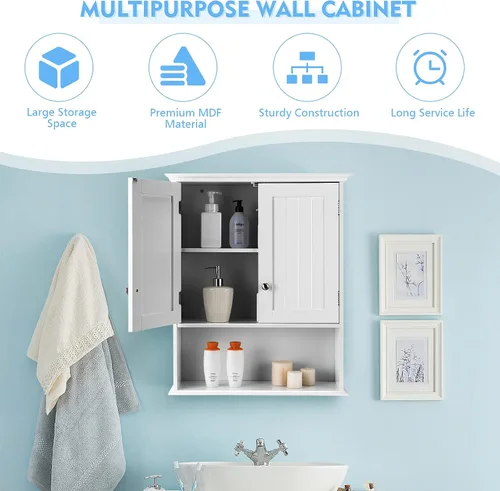 Vista 5 de HAPPYGRILL Gabinete de almacenamiento de baño montado en la pared Estante organizador de baño sobre el gabinete de almacenamiento del inodoro