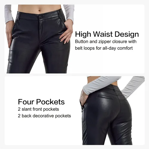 Vista 4 de Balleay Art Pantalones de piel sintética para mujer pierna delgada cintura media elásticos negros leggings de cuero con bolsillos