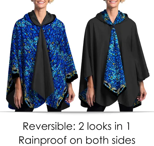 Vista 2 de RainCaper Capa de lluvia para mujer, poncho impermeable con capucha, reversible, arte fino