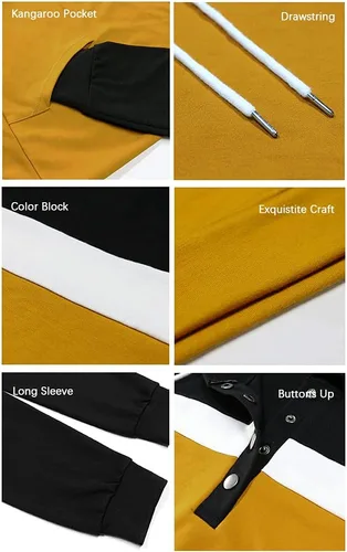 Vista 4 de Sudaderas casuales con capucha de bloque de color para mujer, de manga larga, con botones, cordón y bolsillo, negro, (1#BlackPP)