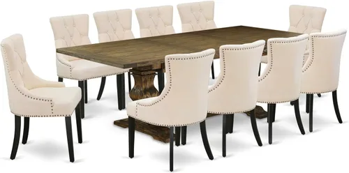 Vista 20 de East West Furniture ALAFR7-81-02 Juego de mesa de comedor moderno de 7 piezas consta de una mesa rectangular de madera con hojas extraíbles y 6