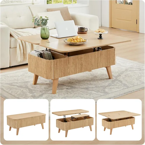 Vista 3 de Mesa de centro 3 en 1 con tapa elevable, mesas de centro convertibles acanaladas que se convierten en mesas de comedor, moderna mesa central