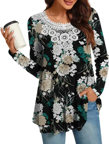 Vista 2 de CATHY Women Tunic Tops Long Sleeve Fall Casual Fashion Crochet Lace T-shirt Pleated Fit Blouses