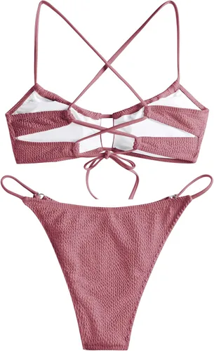 Vista 9 de ZAFUL Conjuntos de bikini para mujer, conjuntos de bikini recortados con cordones de 2 piezas