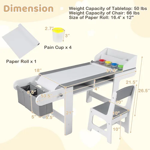 Vista 8 de Costzon Mesa y silla de arte para niños, mesa de madera para manualidades con rollo de papel y contenedores de tela para dibujar, leer, estudiar
