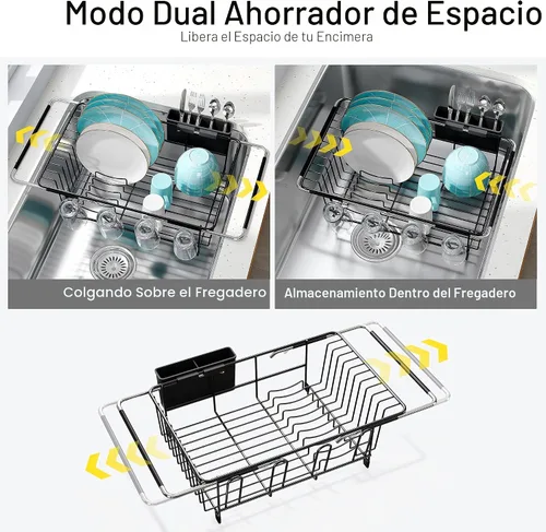 Vista 2 de JASIWAY - Escurridor de platos para fregadero, colador de acero inoxidable con asas de goma extensibles para verduras, frutas, artículos esenciales