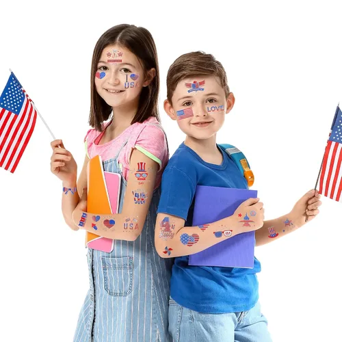 Vista 3 de HOWAF Más de 100 tatuajes temporales del 4 de julio – Bandera de Estados Unidos, suministros de fiesta rojo, blanco y azul, decoraciones del 4