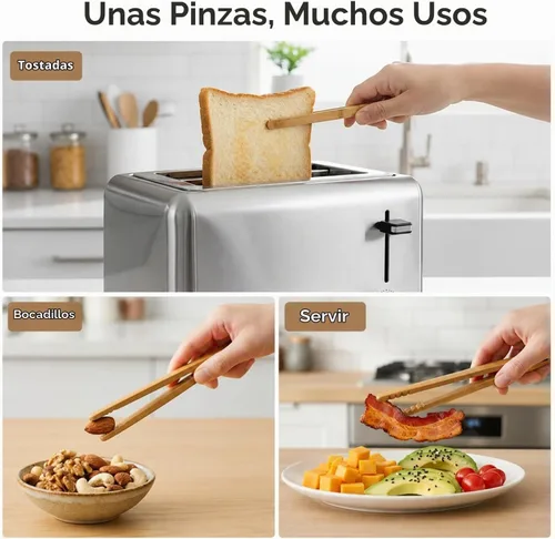 Vista 3 de I-MART Juego de 2 pinzas de bambú para tostadoras de 7 pulgadas, pinzas de madera para tostadas para uso en cocina pequeña, bagels, magdalenas