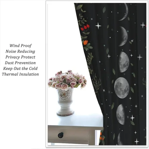 Vista 7 de Cortinas de Ventana Bohemias con Plantas Florales para Dormitorio de Niño y Niña, Cortinas de Ventana Góticas de Jardín Iluminado por la Luna