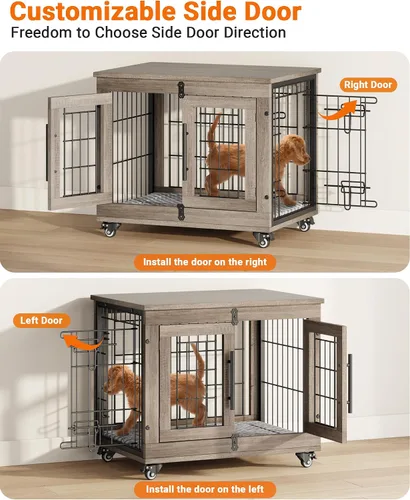 Vista 4 de YaFiti Mueble de jaula para perros con cojín, perrera de madera para interiores con puertas dobles, jaula para perros con ruedas, mesa auxiliar
