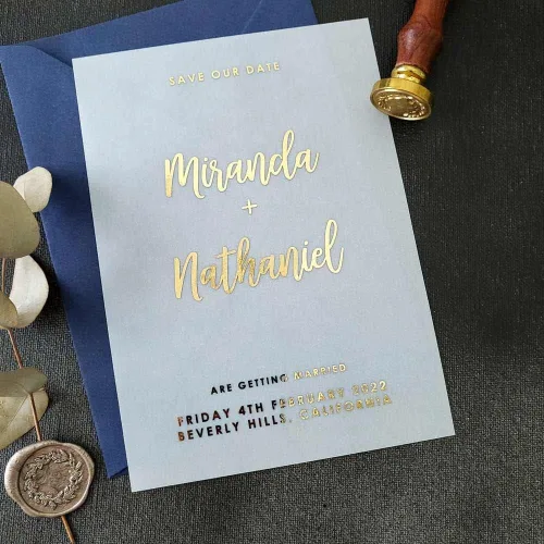 Vista 2 de Personalized Wedding Save the Date Vellum Cards, Save our Date Gold Foiled Vellum Invites, Custom Save or Change the Date, Silver, Rose Gold