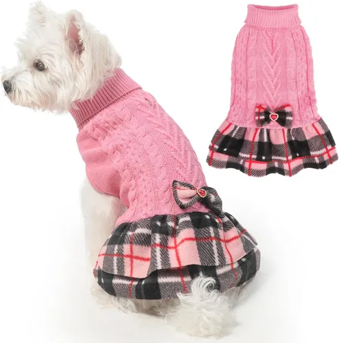 Vista 9 de BEAUTYZOO Vestido de suéter para perrita, suéter de punto trenzado para perritas pequeñas - Suéter de cuello alto con falda a cuadros y moño Beige