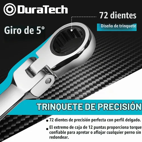 Vista 3 de Duratech - Juego de llaves de trinquete de cabeza flexible Stubby, métricas, 12 piezas, de 8 a 19 mm, acero CR-V, con bolsa