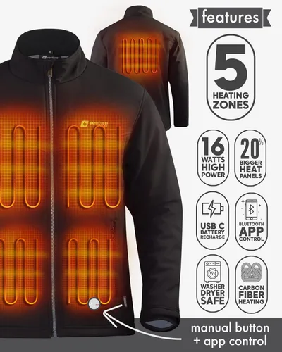 Vista 3 de Venture Heat Men's Bluetooth Heated Jacket with Battery Pack Included - App Control Soft Shell Coat with Hand Warmers 7.4V