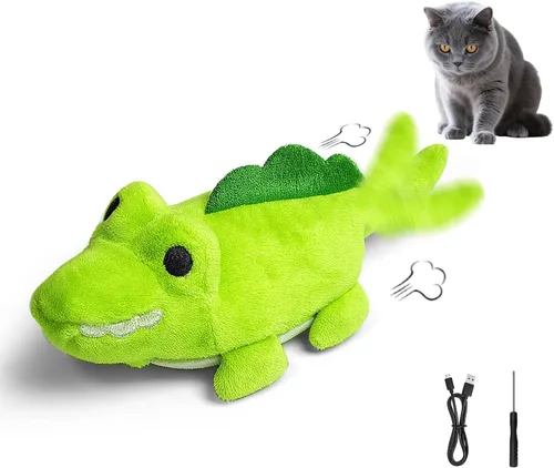 Vista 11 de Juguetes interactivos para gatos de interior – Caimán de movimiento automático con movimiento aleatorio de 360° y meneo de cola, juguete