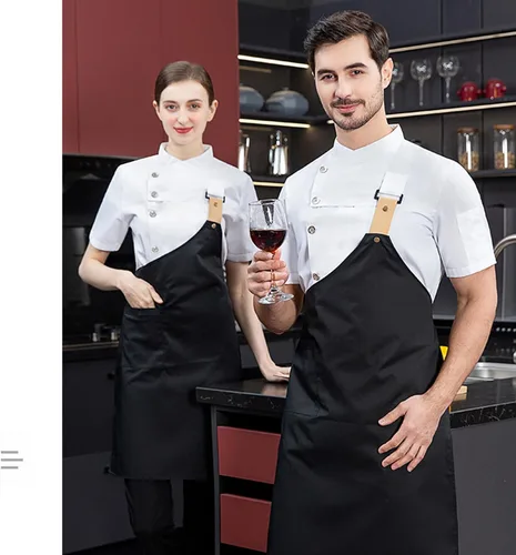 Vista 5 de Chaqueta de chef de moda para hombre, transpirable, con ventilación oculta, uniforme de chef (abrigo + delantal)