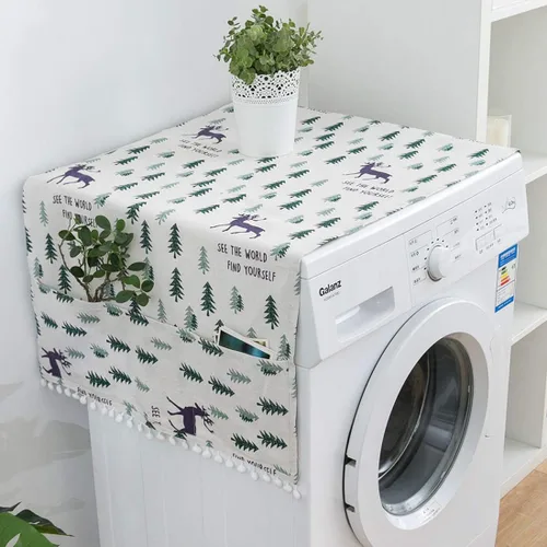 Vista 14 de vctops Funda de algodón y lino con estampado bohemio para nevera, a prueba de polvo, pompones, cubierta superior de lavadora multiusos con 6