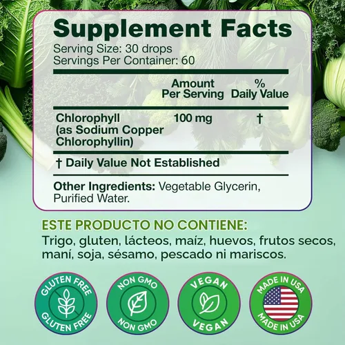 Vista 9 de Paquete de 2 Gotas Líquidas de Clorofila 6000MG – Gotas Líquidas de Clorofila Natural para Desintoxicación, Energía, Piel – Desodorante Interno