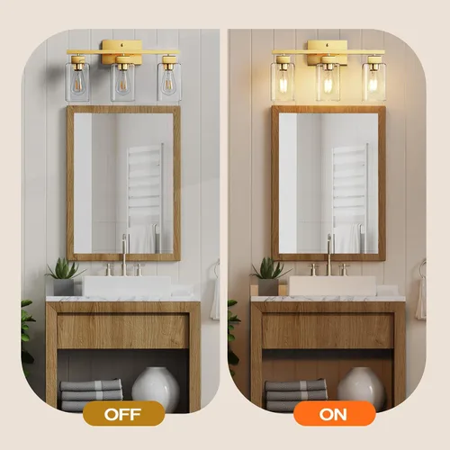 Vista 5 de PARTPHONER Lámparas de baño de 3 luces, luces de tocador modernas de oro cepillado, accesorios de iluminación de baño sobre el espejo, apliques
