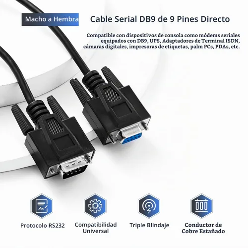 Vista 2 de Cable serial recto DB9 RS232, macho de 6 pies a hembra 9 pines recto a través del cable de extensión