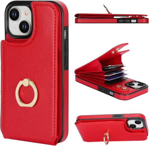 Vista 10 de Folosu Compatible con iPhone 15 Funda cartera con tarjetero con rotación de 360°, soporte de anillo de dedo con función atril, bloqueo RFID, de Negro