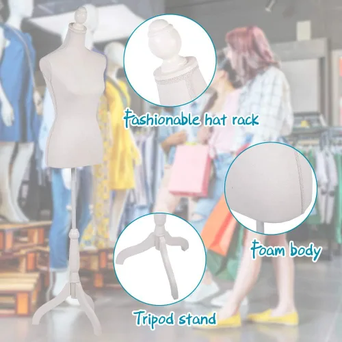 Vista 5 de Dkeli Maniquí de torso con base de trípode de madera, apto para clavar alfileres, para vestido de mujer, con altura ajustable de 60 a 67 pulgadas