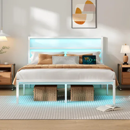 Vista 8 de CLIBFENG Base de cama individual con cabecero, soporte de listones de acero resistente, marco de cama LED con estación de carga USB, base de colchón