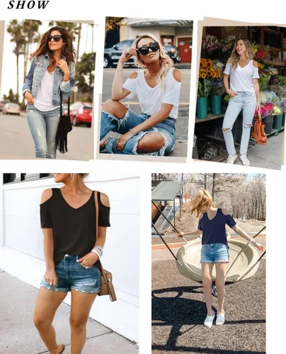 Vista 3 de Elesomo Camisetas básicas de verano de manga corta y larga con cuello en V para mujer