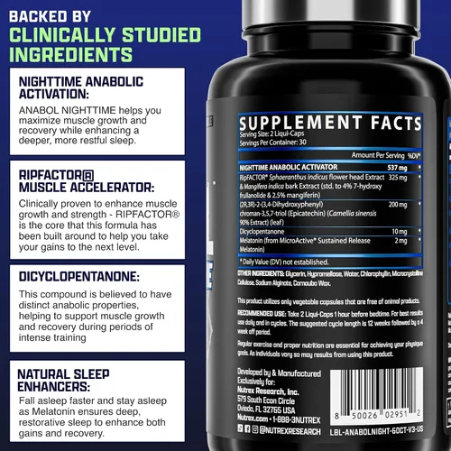 Vista 6 de Anabol PM Constructor muscular nocturno y ayuda para dormir Suplemento de construcción muscular anabólico RIPFACTOR clínicamente investigado