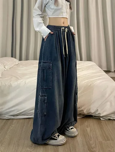Vista 2 de Pantalones de mezclilla holgados Grunge Y2K Emo Alt Cargo Pant Fairycore Demin Aesthetic Jogger Pantalones de chándal Hiphop Cordón Streetwear