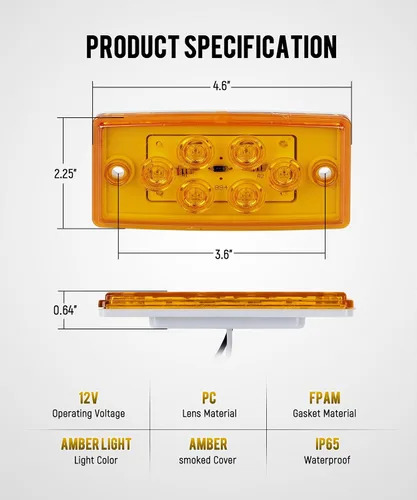Vista 3 de Partsam 5 luces rectangulares ámbar 6 LED parte superior transparente para Freightliner Volvo